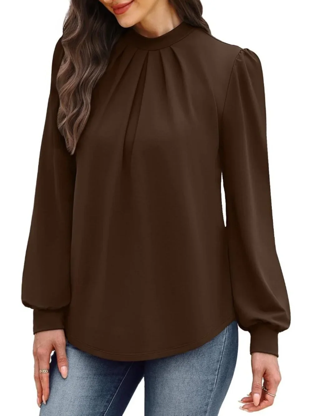 Women's Brown Long Sleeve Shirts Pleated Front Blouses Dressy Mock Neck Tops